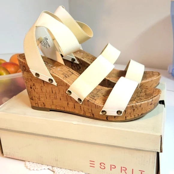 NIB. ESPRIT Strappy cork wedge sandals. Elastic comfort straps. Platform. - Picture 1 of 9